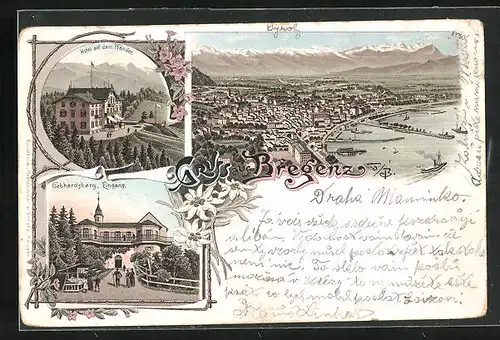 Lithographie Bregenz a. B., Hotel auf dem Pfänder, Gebhardsberg Eingang, Teilansicht