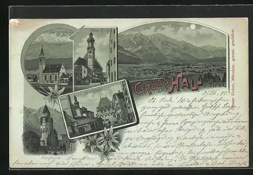 Mondschein-Lithographie Hall, Wallfahrts-Kirche Absam, Pfarr Kriche, Stadtplatz