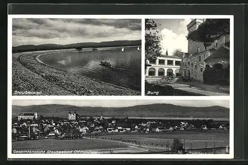 AK Ottmachau am Stausee, Gesamtansicht, Staubecken, Burg