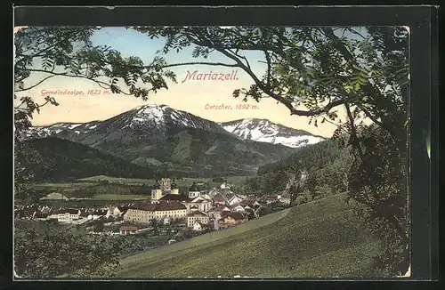 AK Mariazell, Ortsansicht mit Gemeindealpe und Oetscher