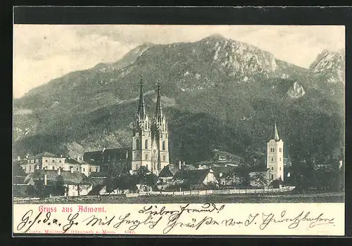 AK Admont, Kirche im Ort am Fusse eines Berges