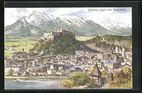 Künstler-AK Salzburg, Ortsansicht mit Schloss und Untersberg