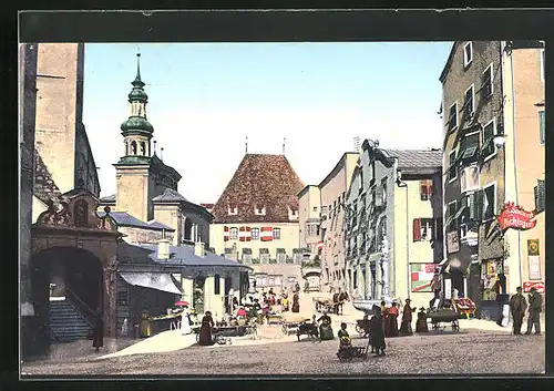 AK Hall, Oberer Stadtplatz mit Marktständen