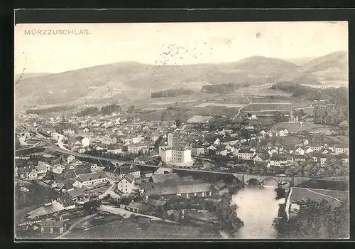 AK Mürzzuschlag, Panorama der Stadt mit Flusspartie