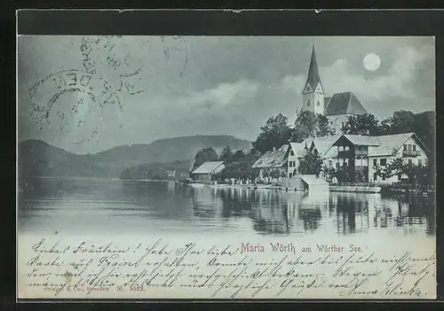 Mondschein-AK Maria Wörth, Häuser am Wörther See