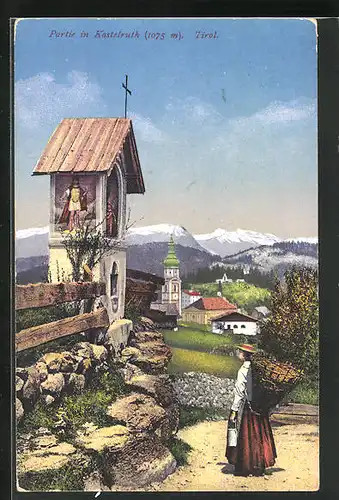 AK Kastelruth /Tirol, Partie ausserhalb des Orts mit Schrein