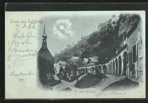 Mondschein-AK Salzburg, St-Peter-Friedhof bei Nacht