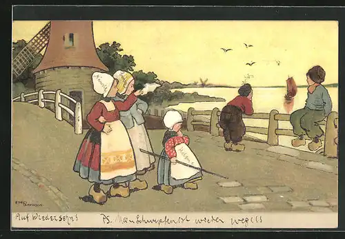 Künstler-AK Ethel Parkinson: Auf Wiedersehen!, Holländer auf einer Brücke