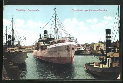 AK Hamburg, Baakenhafen, Einschleppen eines Woermanndampfers