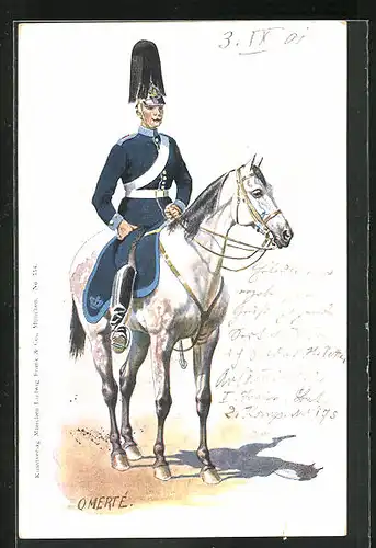 Künstler-AK O. Merte: Soldat in blauer Uniform auf weissem Pferd