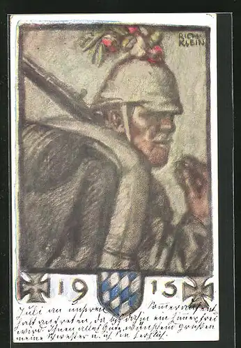 Künstler-AK Richard Klein: Soldat in Uniform, Wappen, 1915