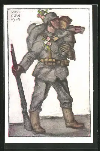 Künstler-AK Richard Klein: Soldat begrüsst sein Kind, 1914