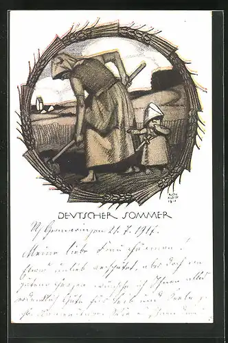 Künstler-AK Richard Klein: Deutscher Sommer, Bäuerin mit Kind auf Acker