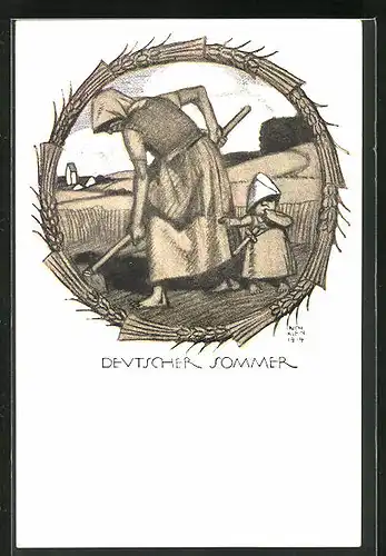 Künstler-AK Richard Klein: Deutscher Sommer, Bäuerin mit Kind auf Acker