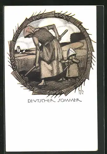 Künstler-AK Richard Klein: Deutscher Sommer, Bäuerin mit Kind auf Acker