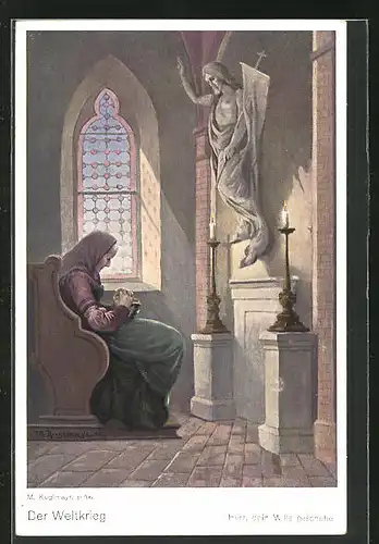 Künstler-AK Max Kuglmayr: Alte Dame betend in Kirche