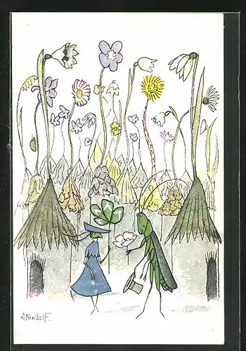 Künstler-AK Ernst Kreidolf: Grashüpfer trifft Däumeline