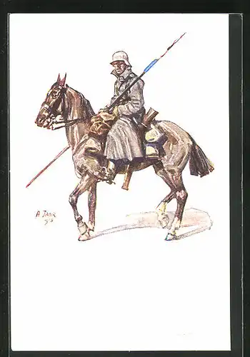 Künstler-AK Angelo Jank: Soldat mit Fahne auf Pferd
