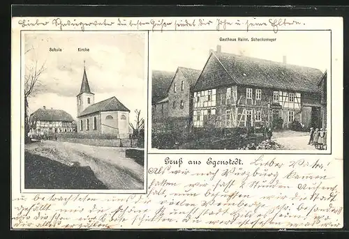 AK Egenstedt, Gasthaus Heinr. Schenkemeyer, Schule, Kirche