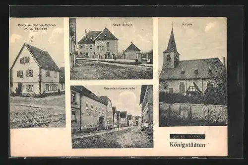 AK Königstädten, Neue Schule, Rüsselsheimerstrasse, Kirche