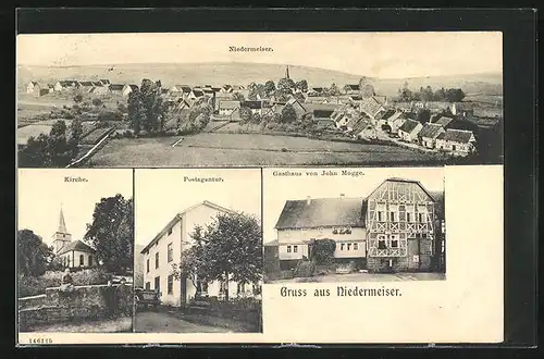 AK Niedermeiser, Gasthaus von John Mogge, Kirche, Postagentur, Totalansicht