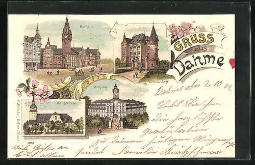 Lithographie Dahme, Victoria-Stift, Schloss, Rathaus