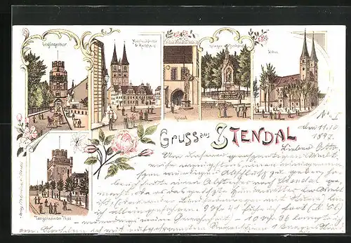 Lithographie Stendal, Dom, Krieger-Denkmal, Marienkirche und Rathaus