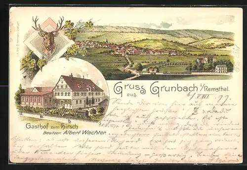 Lithographie Grunbach /Remsthal, Gasthof Zum Hirsch, Totalansicht