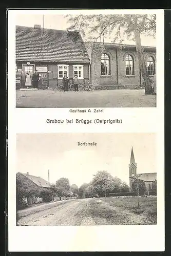 AK Grabow b. Brügge / Ostprignitz, Gasthaus A. Zabel, Dorfstrasse mit Kirche
