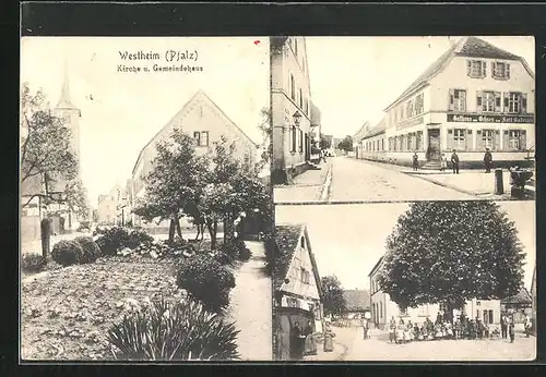 AK Westheim /Pfalz, Gasthaus zum Ochsen, Kirche und Gemeindehaus, Ortspartie mit Kindern