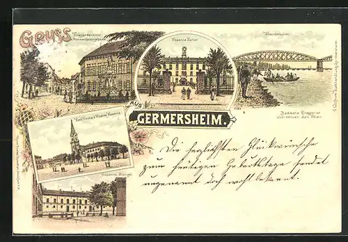 Lithographie Germersheim, Kaserne Zoller, Katholische Kirche & Kloster Kaserne, Kaserne Stengel