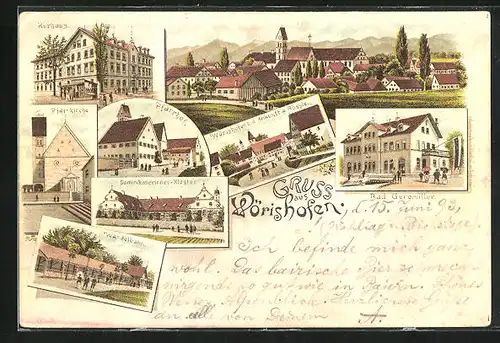 Vorläufer-Lithographie Wörishofen, 1893, Kurhaus, Bei der Ankunft am Gasthof Rössle, Pfarrkirche