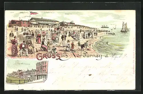 Lithographie Norderney, Marienhöhe mit Lesehalle & Victoriahalle, Kaiserstrasse
