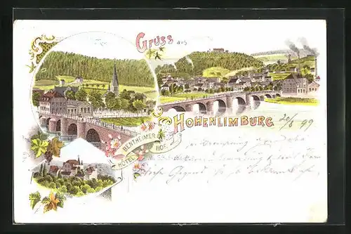 Lithographie Hohenlimburg, Hôtel Bentheimer Hof, Schloss, Teilansicht mit Brücke