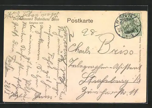 AK Bonn, Hof Restaurant Hähnchen, Inneres Saal, Alter Eingang am Dreieck