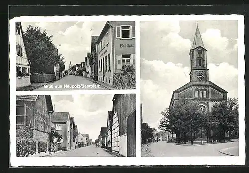 AK Neupotz /Saarpfalz, Strassenpartie mit Gasthaus, Strassenpartie mit Gebäudeansicht, Kirche