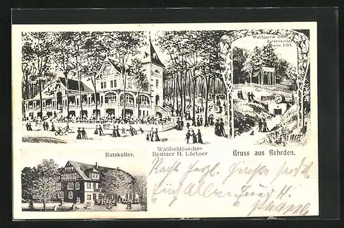 AK Gehrden, Gasthaus Waldschlösschen, Gasthaus Ratskeller, Waldpartie mit Gasthaus Felsenkeller anno 1855