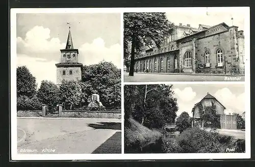 AK Börssum, Kirche mit Gedenkstein, Bahnhof, Post