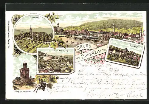 Lithographie Dürkheim a. H., Limburg, Hardenburg, Flaggenturm