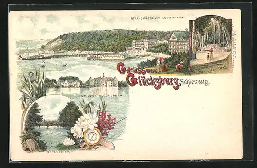 Lithographie Glücksburg /Schleswig, Strandhôtel und Logierhaus mit Dampfer, Stahlquelle, Partie am Schlossteich