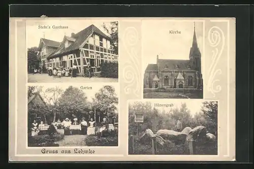 AK Lehmke, Stehr`s Gasthaus, Kirche, Garten