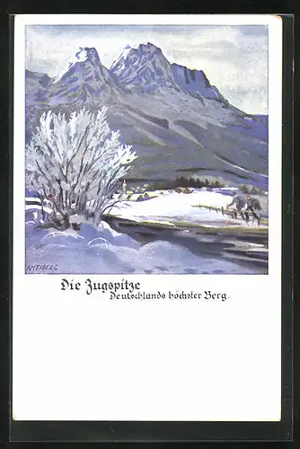 Künstler-AK Otto Amtsberg: Zugspitze mit Wanderern im Winter