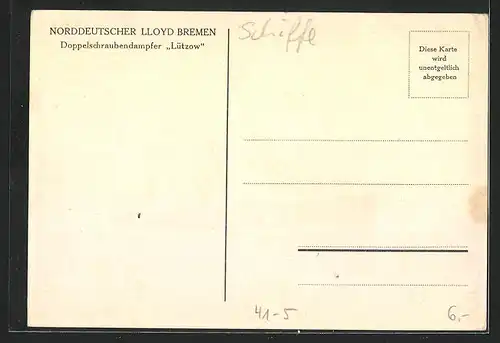 Künstler-AK Passagierschiff Lützow, Norddeutscher Lloyd Bremen