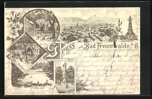 Lithographie Bad Freienwalde a. O., Gasthaus Zur grünen Tanne, Kurpark, Bismarcks-Turm
