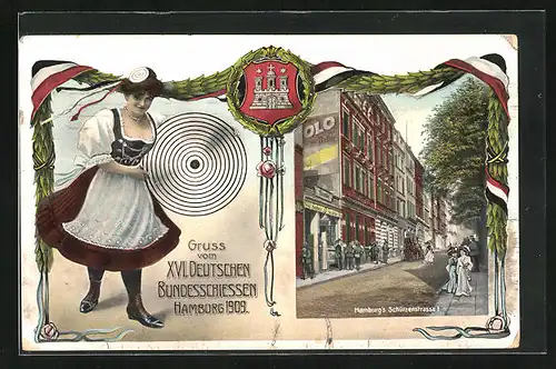 AK Hamburg, XVI. Deutsches Bundesschiessen 1909, Schützenstrasse mit Geschäft, Frau in Tracht mit Zielscheibe