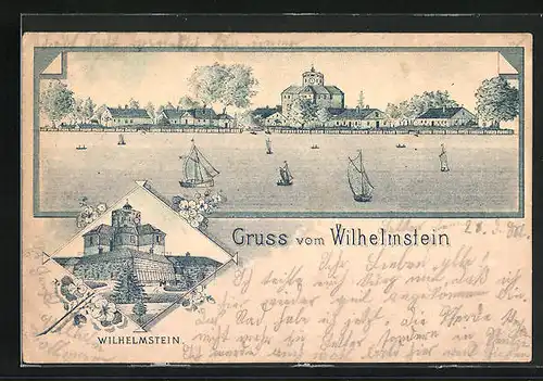 Lithographie Wilhelmstein, Uferpartie mit Booten, Wilhelmstein