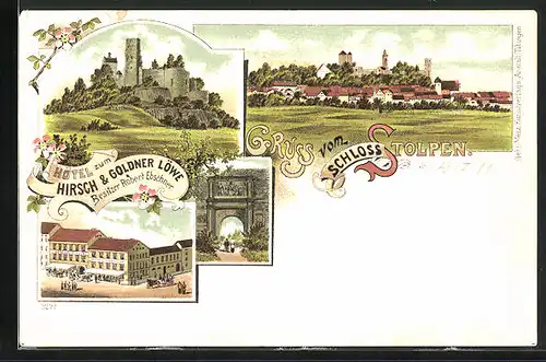 Lithographie Stolpen, Hôtel zum Hirsch & Goldner Löwe, Schloss, Tor