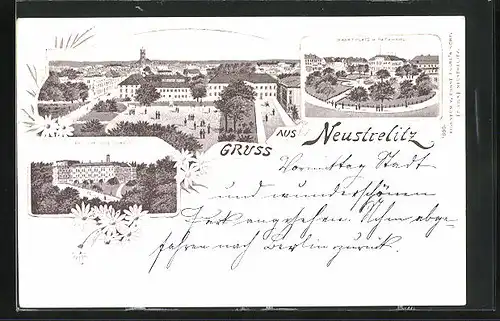 Lithographie Neustrelitz, Grossherzogliches Schloss, Marktplatz mit Rathaus, Ortspartie