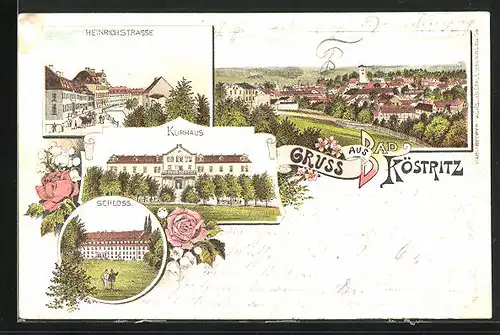 Lithographie Bad Köstritz, Kurhaus, Heinrichstrasse, Schloss