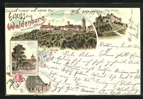 Lithographie Waldenburg, Fürstliches Schloss, Linde, Pfarrhaus